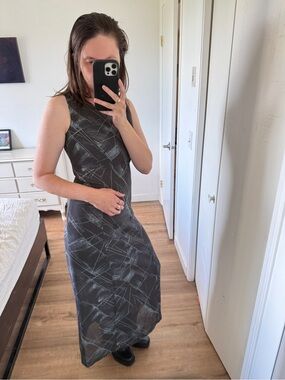 Vintage Grey blue Maxi Dress Brushstroke Avant Garde  Sleek S